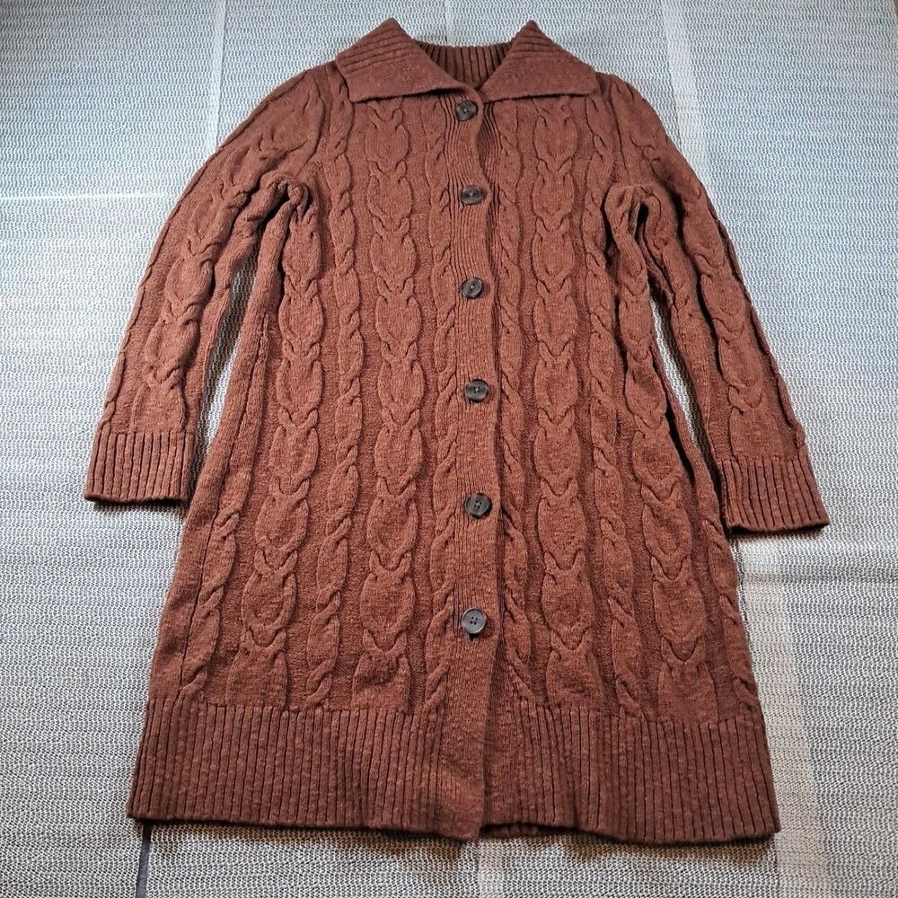 J.JILL Women's Auburn Brown Cable Knit Button Down Long Sweater Cardigan  XS